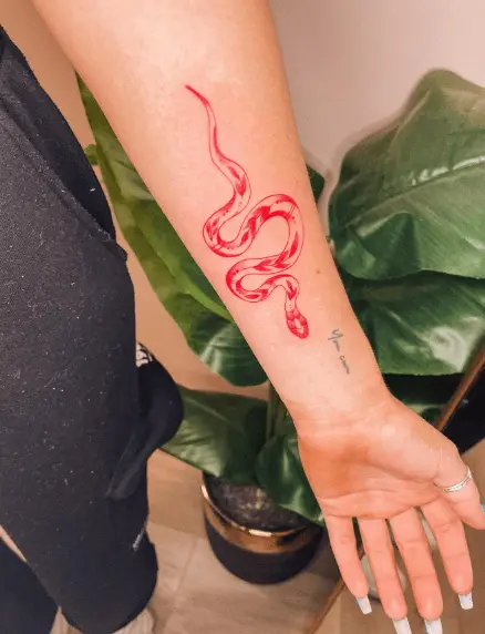 Red Ink Leaves Combined Snake Tattoo