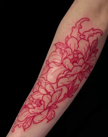 Red Ink Peonies Forearm Tattoo