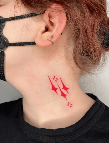 Red Ink Diamonds and Three Dots Symbols Neck Tattoo