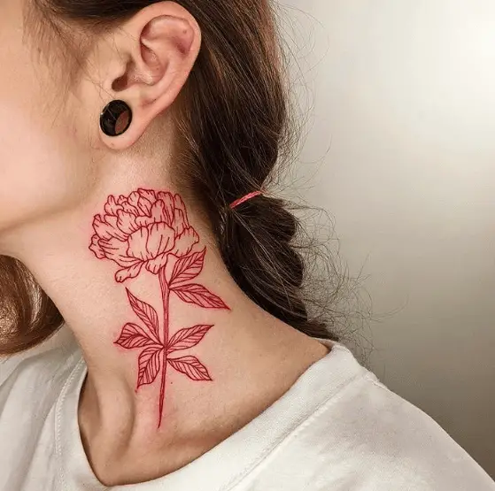 Red Ink Florals Neck Tattoo