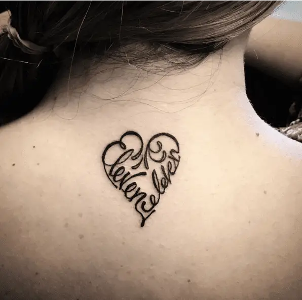 Heart Shape Eleven Eleven Upper Back Tattoo