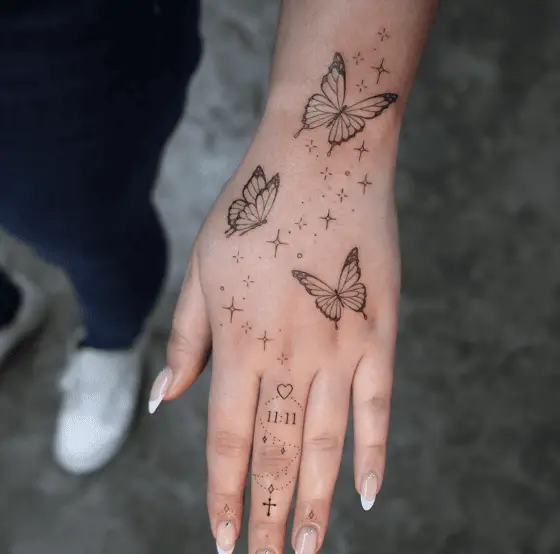 Flying Butterflies with 1111 Hand Tattoo