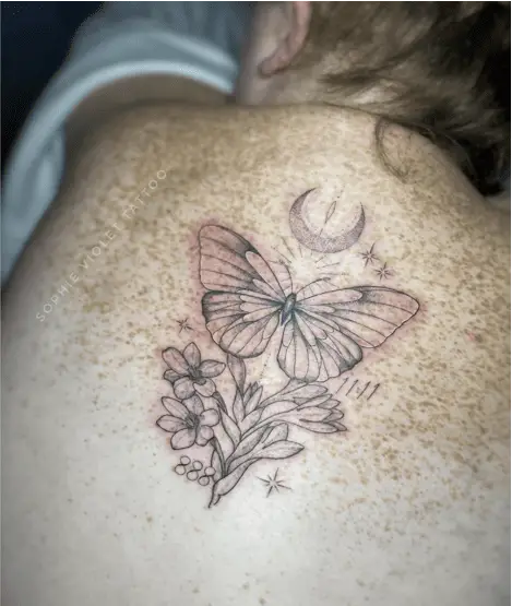Shining Butterfly, Flower, and Moon with 1111 Back Tattoo
