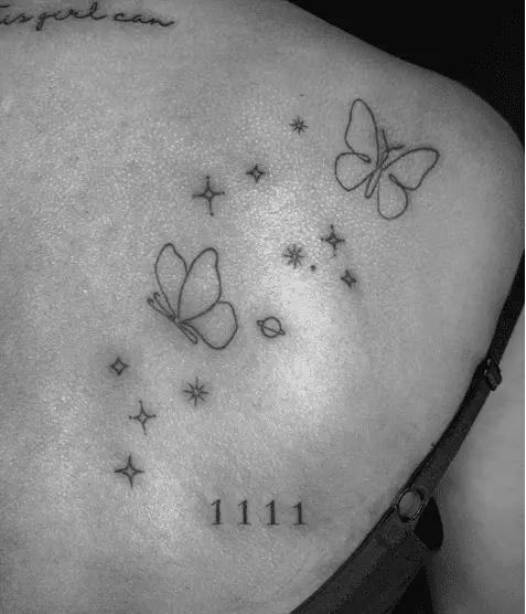 Outline Butterfly Roaming Around with Stars and 1111 Back Tattoo