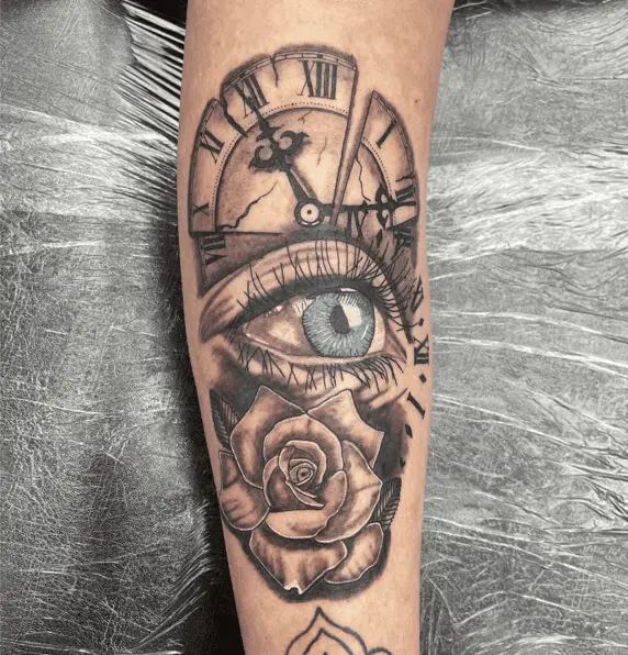1111 Clock with Blue Eyes and Red Flower Head Arm Tattoo