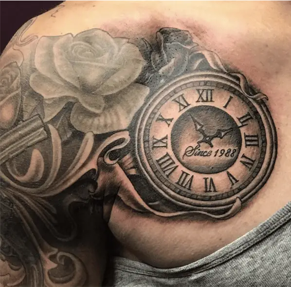 Roses and 1111 Clock Shoulder Tattoo