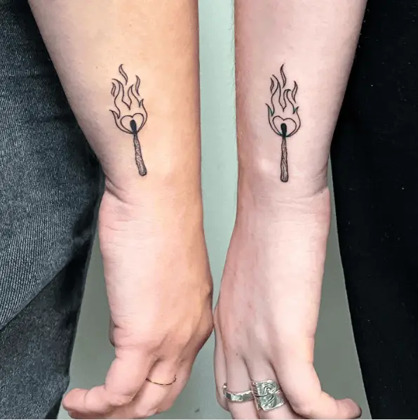 Twin Flame Heart Shaped Match Sticks Tattoo