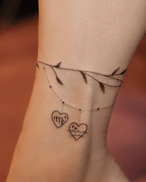 Two Heart Design Pendant Charm Bracelet and Vine Leaves Tattoo