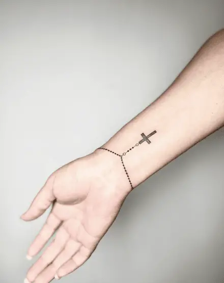 Carved Cross Rosary Wrist Tattoo
