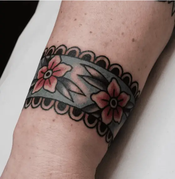 Pink Floral in Curly Blue Wrist Band Tattoo