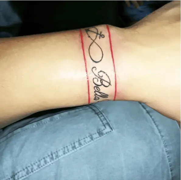 Infinity Hook Sign and Cursive Girl Name in Red Line Bracelet Tattoo