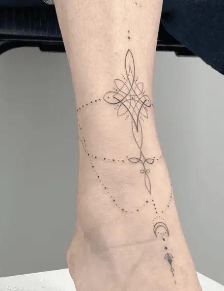 Diamond and Crescent Moon with Elegant Ornaments Ankle Tattoo