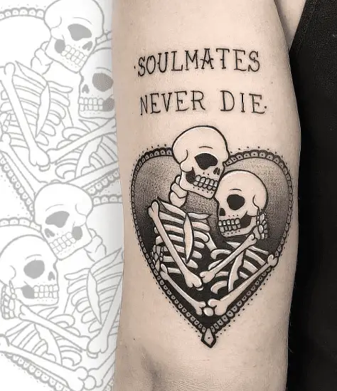 Heart Shaped Skeleton Soulmates with Phrase Tattoo