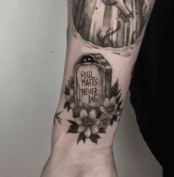 Soul Phrase Tombstone with Flowers Tattoo