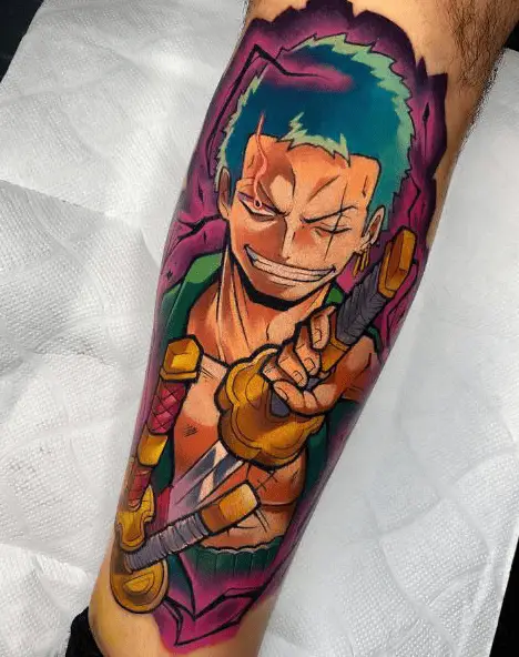 One Piece Zoro with Knife Colored Tattoo