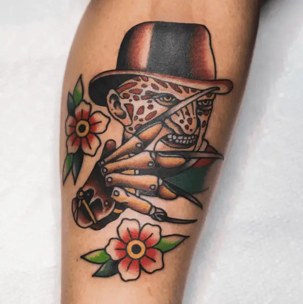 Traditional Style Freddy Krueger Tattoo with Florals