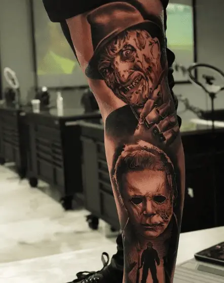 Freddy Krueger and Michael Myers Leg Tattoo