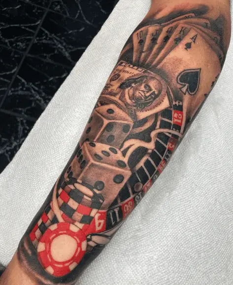 Cards, Money, Dice and Roulette Wheel Gambling Tattoo