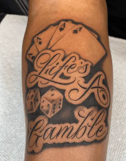 Ace Cards, Dice with Life's a Gamble Text Tattoo