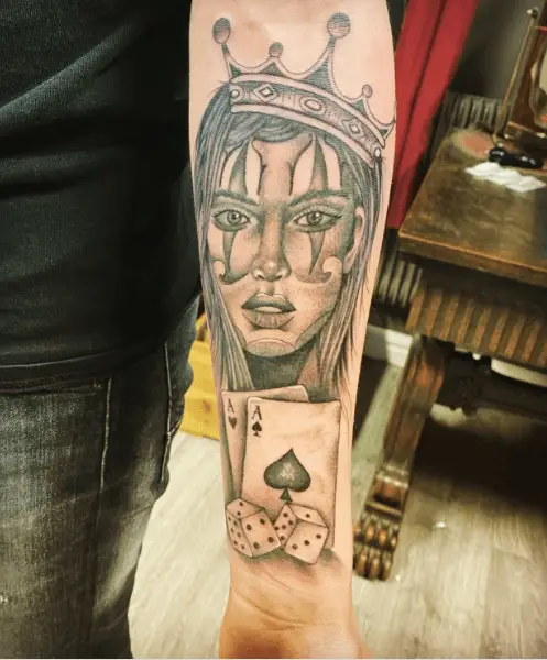 Chicano Queen with Ace Cards and Dice Gambling Tattoo