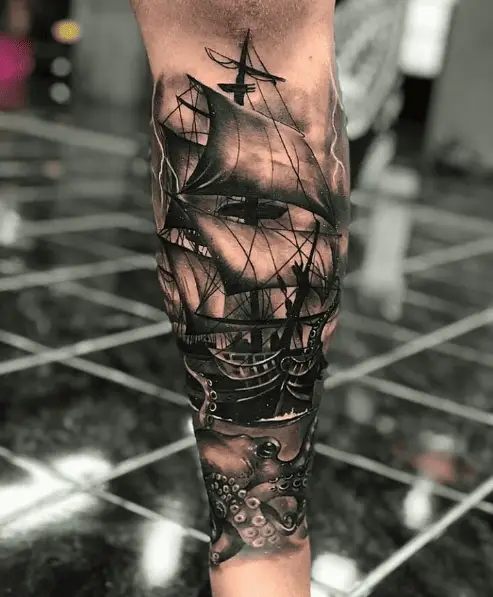 Ship with Kraken Leg Tattoo