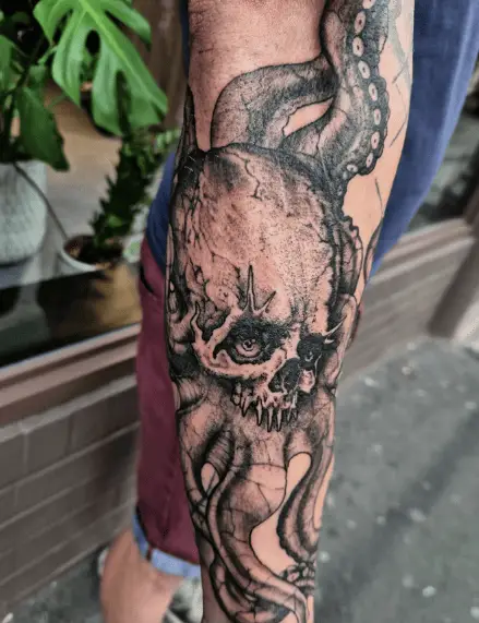 Portrait Style Skull Kraken Leg Tattoo