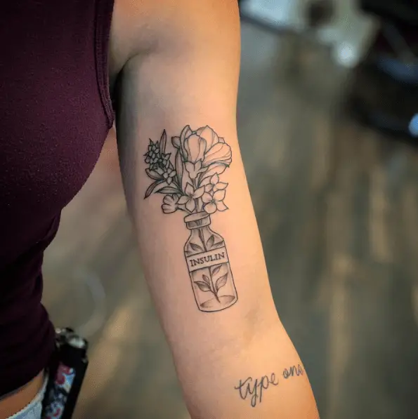 Insulin Bottle and Flowers Arm Tattoo