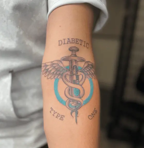 Diabetic Tattoo with Warrior and Simple Blue Circle Tattoo