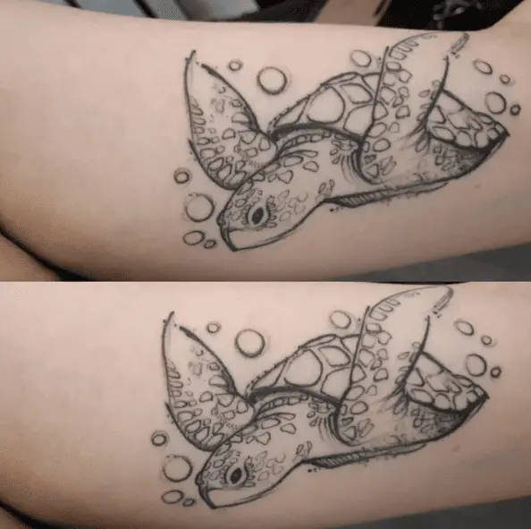 Pencil Sketch Style Swimming Turtle Tattoo