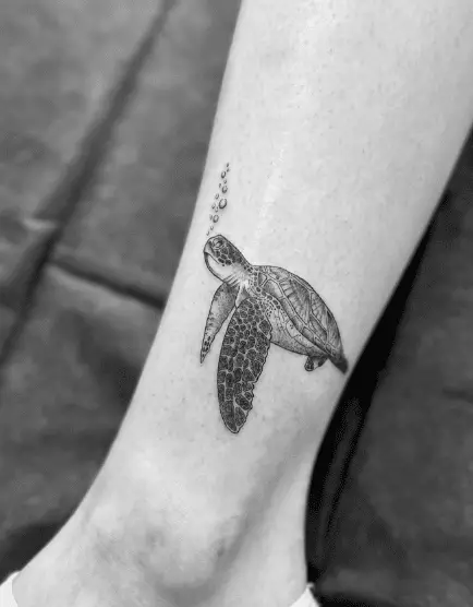 Sea Turtle with Bubbles Ankle Tattoo