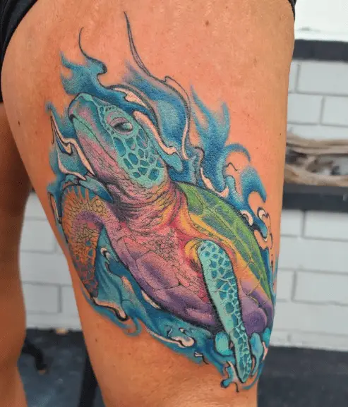 Bright Watercolor Sea Turtle Thigh Tattoo