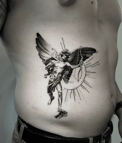 Winged Eros Cupid with Sun Rib Tattoo