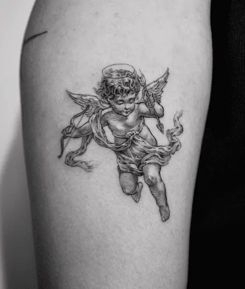 Greyish Cupid Angel Tattoo