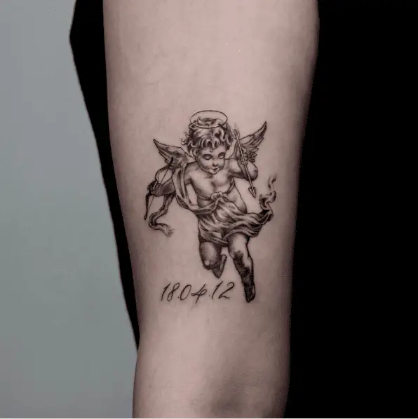 Dark Grey Cupid Angel with Date Tattoo