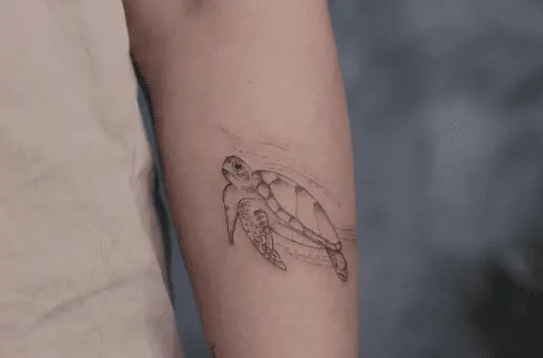 Sea Turtle with Water Splash Forearm Tattoo