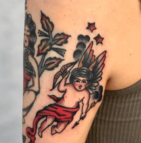 Traditional and Colored Cupid Tattoo