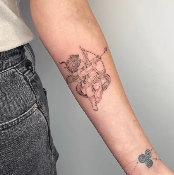 Small Blindfolded Cupid Forearm Tattoo