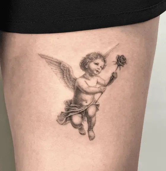 Baby Cupid with Rose Tattoo