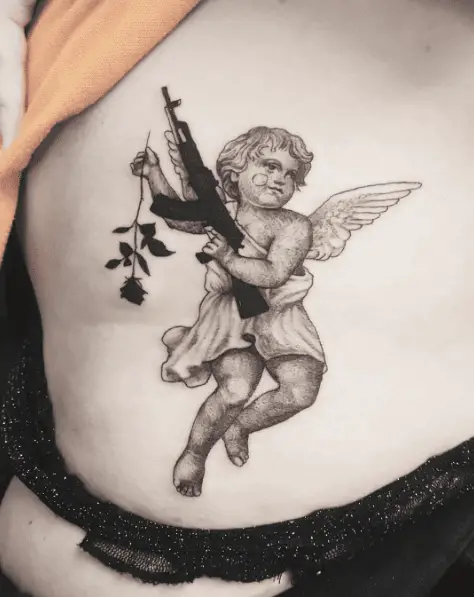 Child Cupid with Black Rose and Gun Tattoo