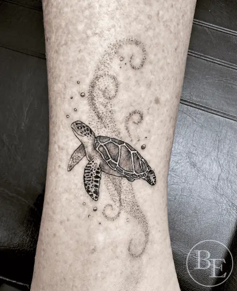 Black and Grey Sea Turtle with Dotted Water Splash Tattoo