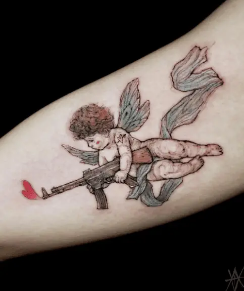 Colored Cupid Tattoo with Gun and Red Heart