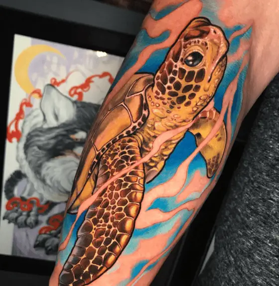 Swimming Sea Turtle Colored Tattoo