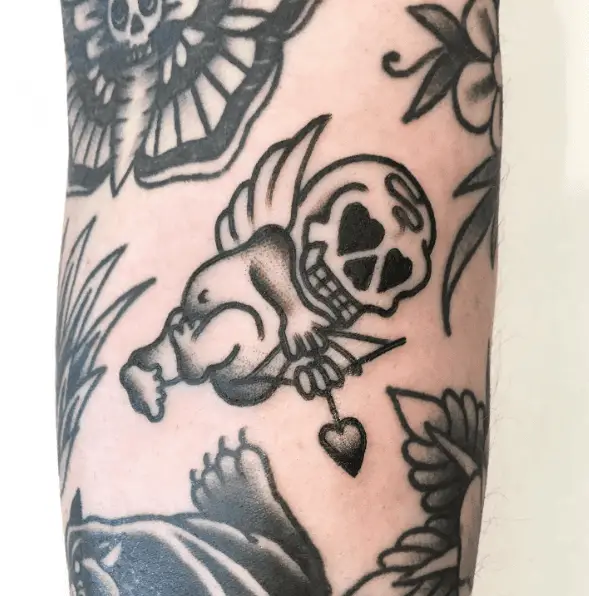 Black Line Skully Cupid Tattoo