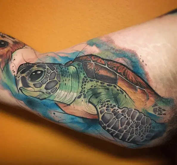 Multicolored Swimming Sea Turtle Tattoo