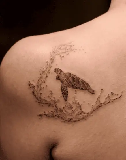 Tiny Turtle with Water Splash Shoulder Tattoo