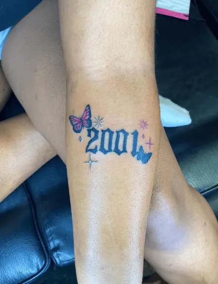 2001 Year Tattoo with Butterfly and Sparks