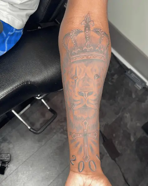 Crowned Lion, Cross with 2001 Forearm Tattoo