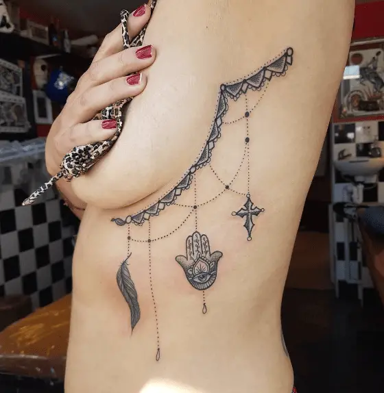 Ornaments with Religious Symbols Side Boob Tattoo