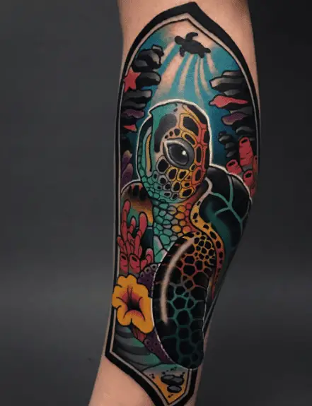 Multicolored Sea Turtle Underwater Tattoo
