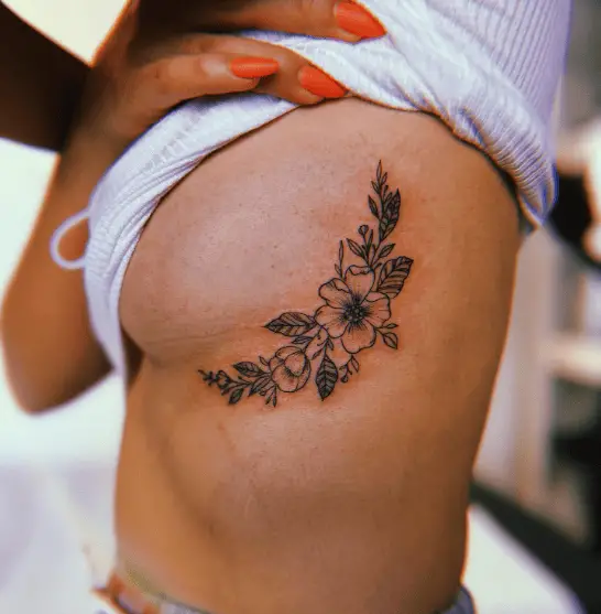 Black Ink Flowers Side Boob Tattoo